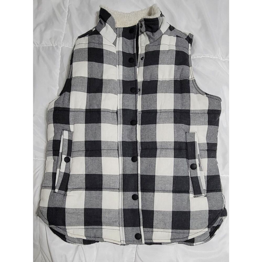 Skies are Blue Womens' S Black White Plaid Buffalo Fleece Lined‎ Vest Snap Front